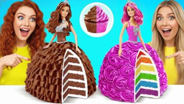 Chocolate vs Rainbow Doll Dress Cakes Baking Fun for Kids