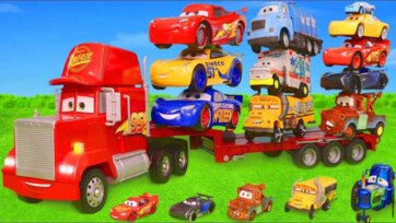 Stacked Toy Cars on Big Red Transport Truck Fun Kids Vehicle Story