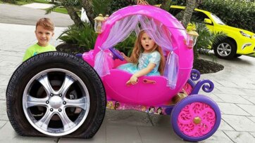 Fun Kids Driving Pink Toy Car Together Outdoor Playtime Story