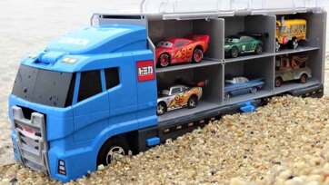 Blue Toy Car Carrier Truck with Racing Cars Adventure in Sand