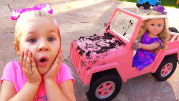Little Kids Explore Park in Pink Toy Car Fun Pretend Driving Story